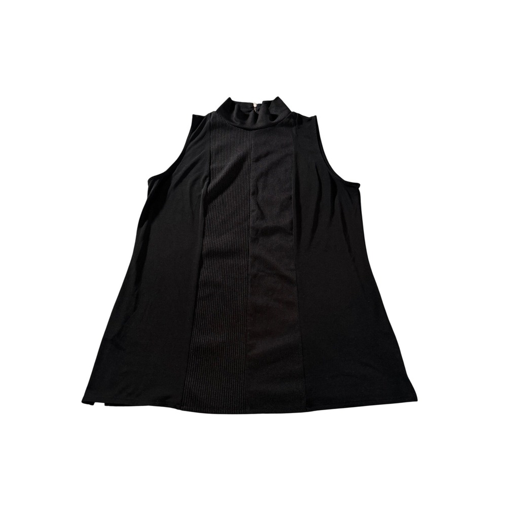 Worthington Black Mock Neck Sleeveless Top Ribbed Panel Detail Back Zip Accent